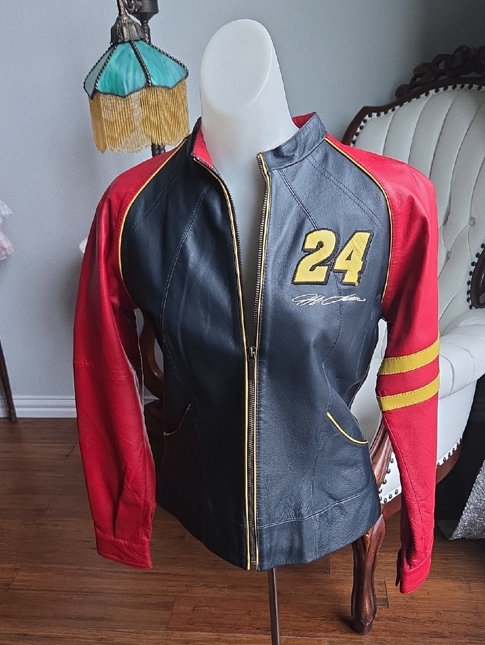 Wilsons Leather  Blue and Red Racer NASCAR Style  Jacket with Yellow Accents